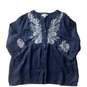 David Brooks Embroidered Peasant Top - Linen- Bohemian -3X